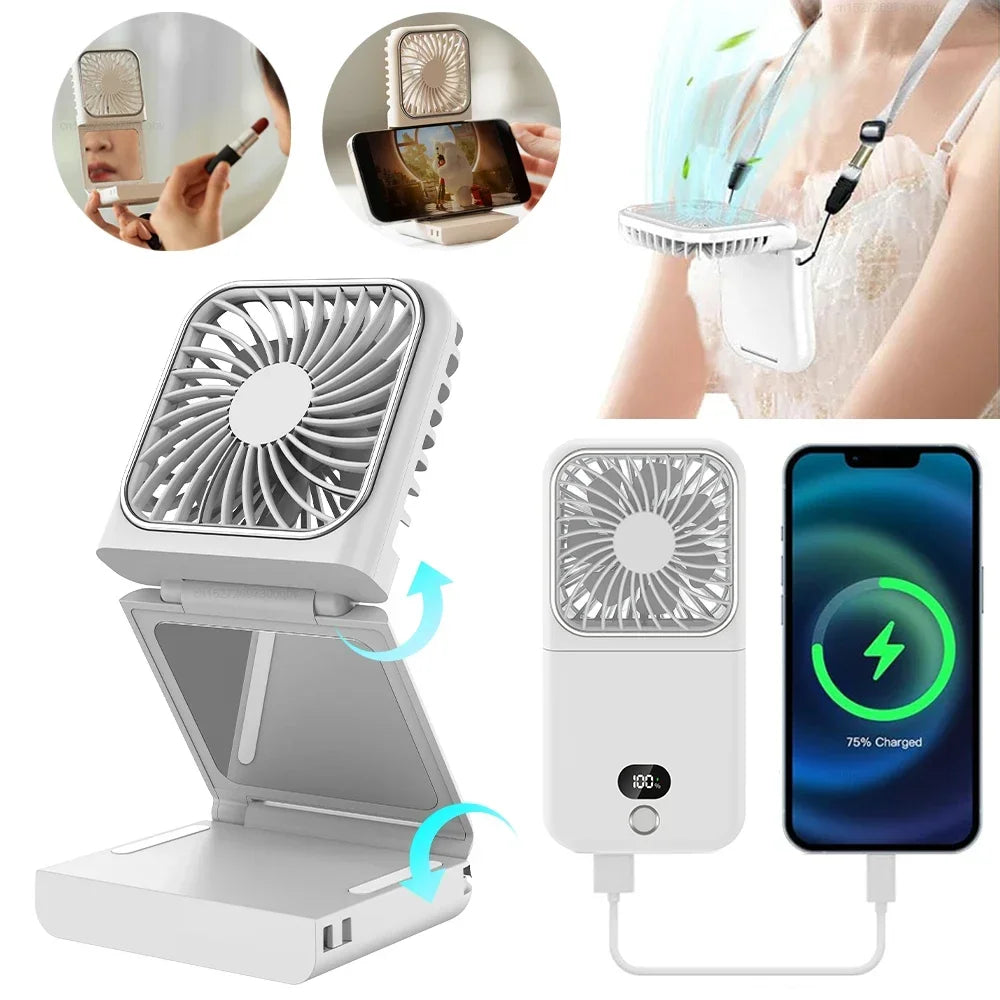 Portable Neck Fan Foldable Mini Handheld Fan with Power Bank USB Rechargeable Small Hand Fan Hanging Neck Fan Folding Desk Fan
