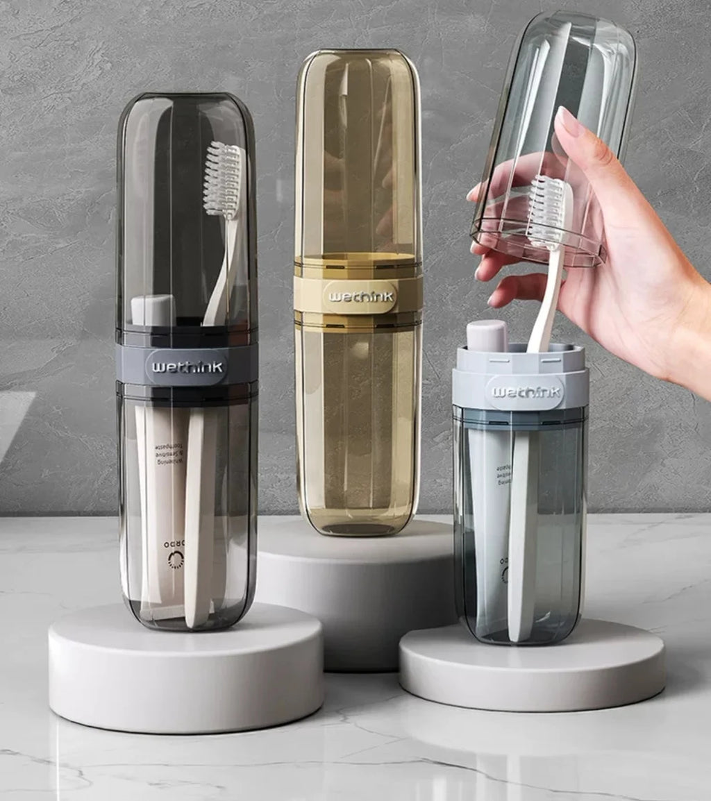 Essential travel must-have: portable toothbrush cup, toothbrush and dental care set, transparent toiletries set storage box