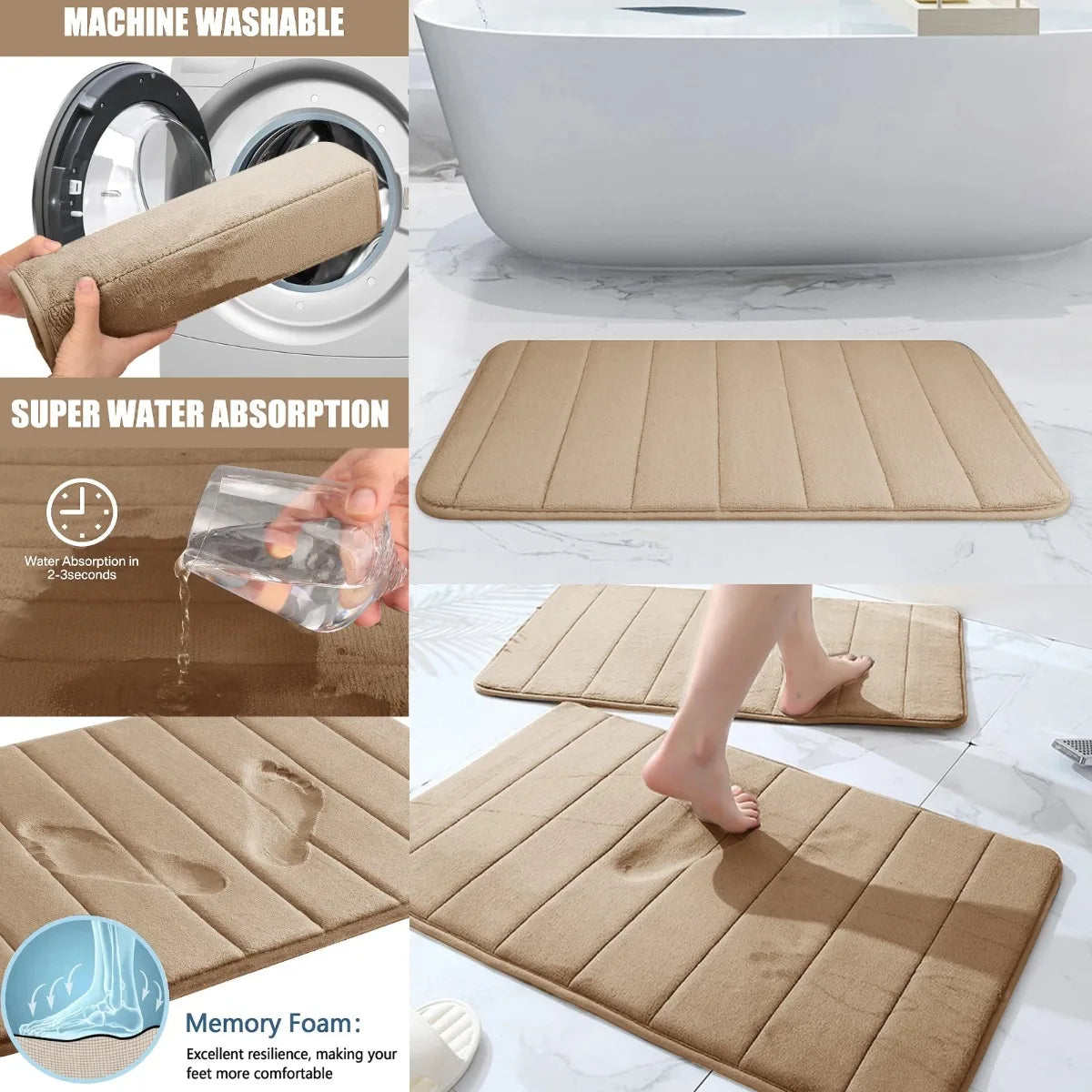 Memory Foam Bath Mat – Super Absorbent & Non-Slip Bathroom Rug for Shower & Tub