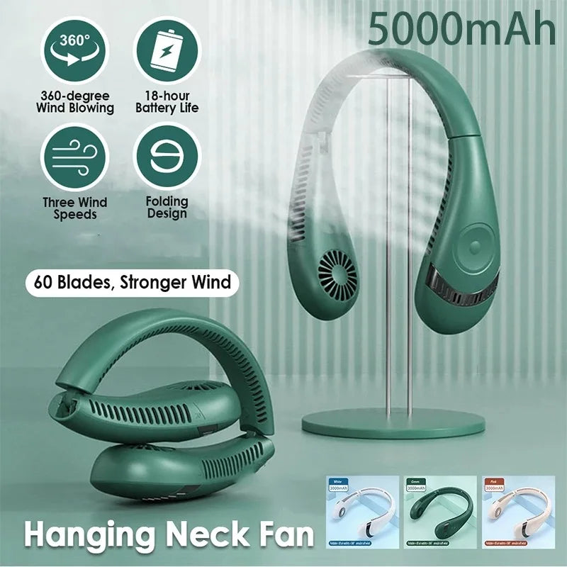 USB Rechargeable 5000mAh Foldable Bladeless Neck Fan 3 Speeds 360° Cooling Wearable Hand-free Neck Fan for Travel Office School
