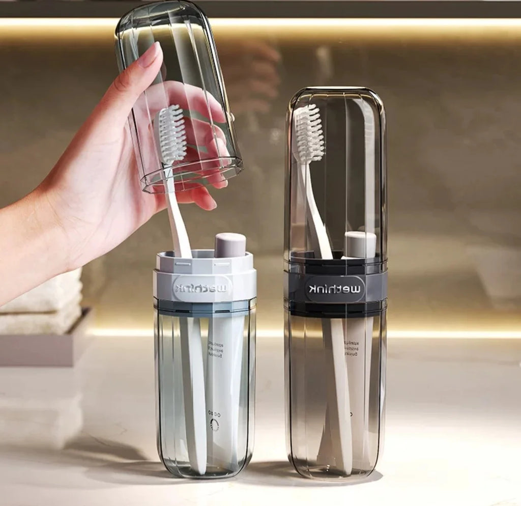 Essential travel must-have: portable toothbrush cup, toothbrush and dental care set, transparent toiletries set storage box